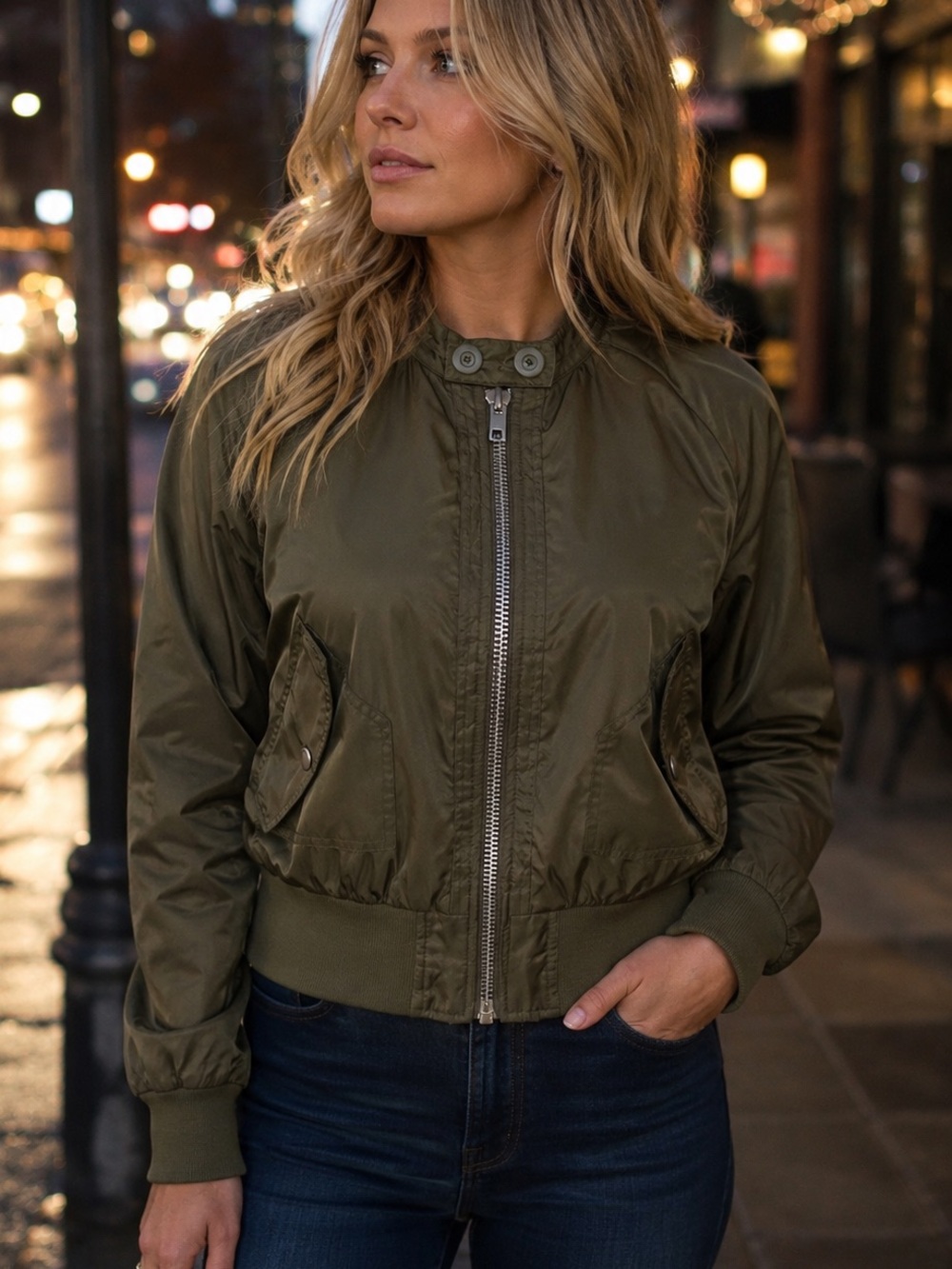 Free People Women’s Medium Midnight Retro Army Green Satin Bomber Jacket
